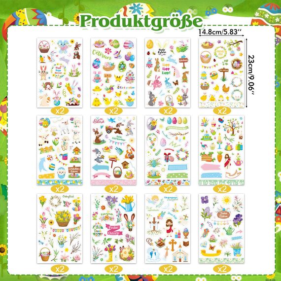 DPKOW 24 Blatt Deutsch Ostern Sticker Set für Basteln, DIY Scrapbook, Fotoalbum - Aufkleber mit Ostereier, Hasen und christlichen Abziehbildern