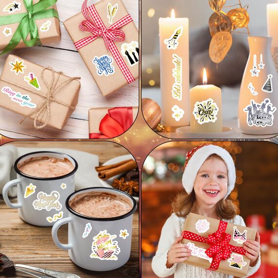 DPKOW 24 Blatt Neujahr Sticker Set, 2026 Silvester Sticker Aufkleber zur Scrapbook Bullet Journal Fotoalbum, Neujahr Aufkleber zur Basteln Geschenke Silvester Deko