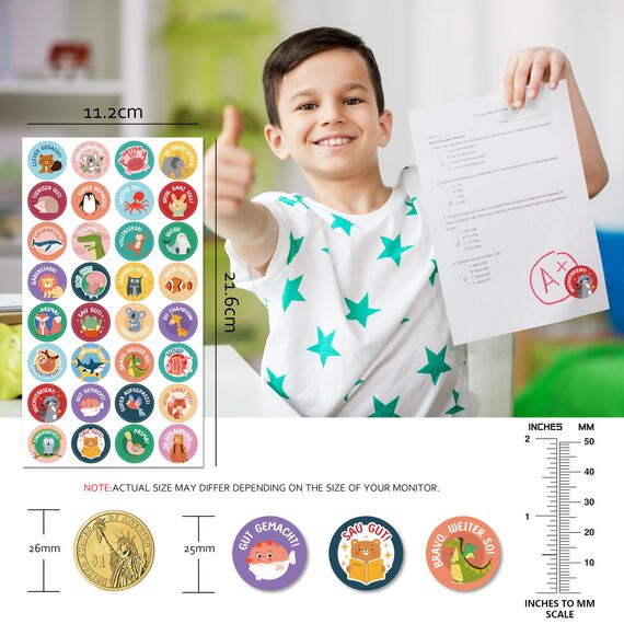1600 Stück Tier Belohnungsaufkleber, 25mm Motivationsaufkleber für Kinder, 32 Muster Selbstklebende Lehrer Belohnung Aufkleber, Deutsch Belohnungssticker Reward Stickers Tieraufkleber für Lehrerbedarf
