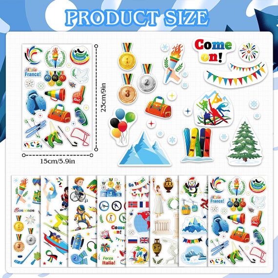 DPKOW 24 x Wintersport Sticker zum Basteln Scrapbooking Bullet Journal, DIY Aufkleber für Wintersport Party Deko, Medaillen Fackel Flaggen Sportler Sticker Schneeflocken Skifahren Rodeln
