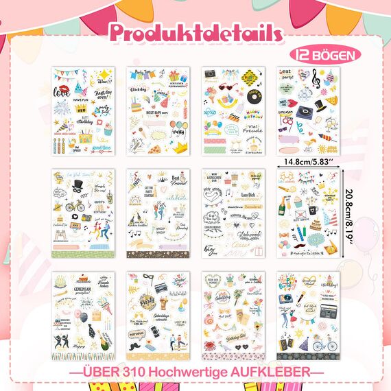DPKOW 310+ Sticker für Geburtstag Gästebuch Fotoalbum, Geburtstag Aufkleber für Scrapbook Geburtstagskarten Geschenke Deko Geburtstag Sticker für Erwachsene Kinder Bullet Journal, Transparent