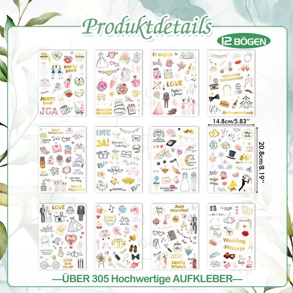 DPKOW JGA Sticker Hochzeit Gästebuch 12 Bögen, Fotoalbum Aufkleber JGA Hochzeit Scrapbook Bullet Journal Stickers Liebe Love Wedding Deko Hochzeit JGA Aufkleber Junggesellinnenabschied, Glitzer