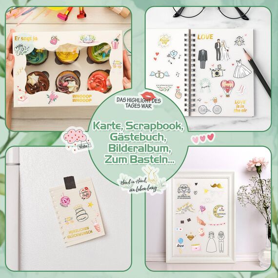 DPKOW JGA Sticker Hochzeit Gästebuch 12 Bögen, Fotoalbum Aufkleber JGA Hochzeit Scrapbook Bullet Journal Stickers Liebe Love Wedding Deko Hochzeit JGA Aufkleber Junggesellinnenabschied, Glitzer