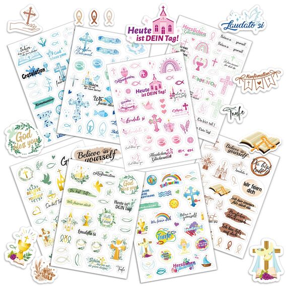 DPKOW Taufe Konfirmation Kommunion Sticker Set 227stk, Gästebuch Sticker Konfirmation Taufe Kommunion Aufkleber Scrapbook Karten Deko Fotoalbum Basteln Mädchen Jungen Kinder