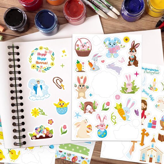 DPKOW 24 Blatt Deutsch Ostern Sticker Set für Basteln, DIY Scrapbook, Fotoalbum - Aufkleber mit Ostereier, Hasen und christlichen Abziehbildern