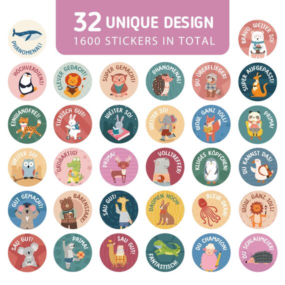 1600 Stück Tier Belohnungsaufkleber, 25mm Motivationsaufkleber für Kinder, 32 Muster Selbstklebende Lehrer Belohnung Aufkleber, Deutsch Belohnungssticker Reward Stickers Tieraufkleber für Lehrerbedarf