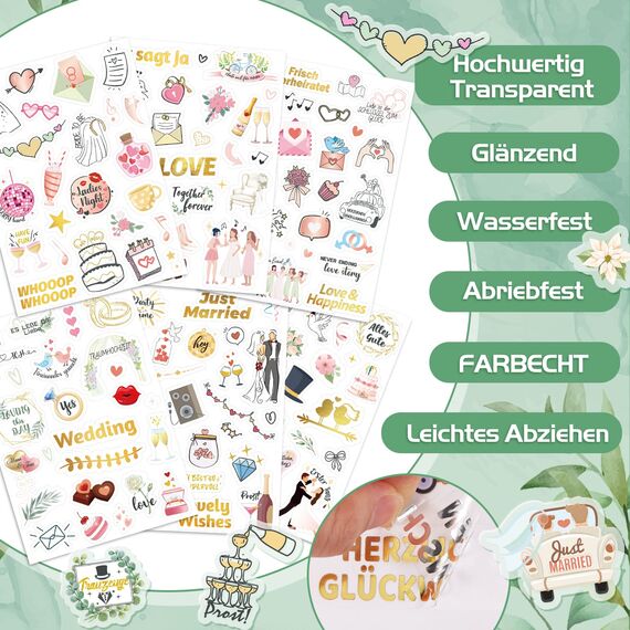 DPKOW JGA Sticker Hochzeit Gästebuch 12 Bögen, Fotoalbum Aufkleber JGA Hochzeit Scrapbook Bullet Journal Stickers Liebe Love Wedding Deko Hochzeit JGA Aufkleber Junggesellinnenabschied, Glitzer