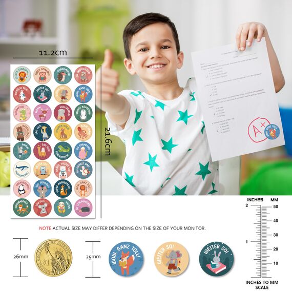 1600 Stück Tier Belohnungsaufkleber, 25mm Motivationsaufkleber für Kinder, 32 Muster Selbstklebende Lehrer Belohnung Aufkleber, Deutsch Belohnungssticker Reward Stickers Tieraufkleber für Lehrerbedarf