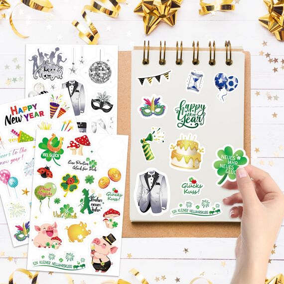 DPKOW 24 Blatt Neujahr Sticker Set Glücksbringer Silvester Aufkleber Frohes neues Jahr Viel Glück Sticker Glücksbringer Glücksschwein Kleeblatt Aufkleber zur Scrapbook Bullet Journal Fotoalbum