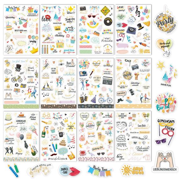 DPKOW 310+ Sticker für Geburtstag Gästebuch Fotoalbum, Geburtstag Aufkleber für Scrapbook Geburtstagskarten Geschenke Deko Geburtstag Sticker für Erwachsene Kinder Bullet Journal, Transparent