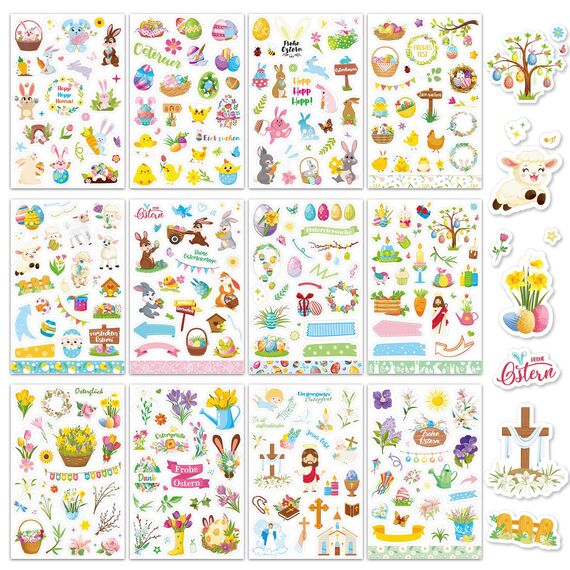 DPKOW 24 Blatt Deutsch Ostern Sticker Set für Basteln, DIY Scrapbook, Fotoalbum - Aufkleber mit Ostereier, Hasen und christlichen Abziehbildern