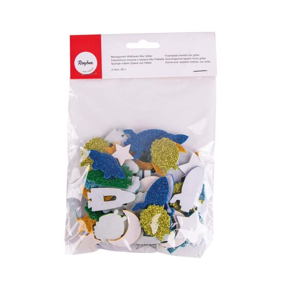 Rayher 30232000 Moosgummi Weltraum Mix Glitter, 2 - 3 cm, 80 Stück, selbstklebend, Farben/Motive gemischt, Glitter Schaumstoff Sticker, Moosgummi-Aufkleber, zum Dekorieren, Bunt