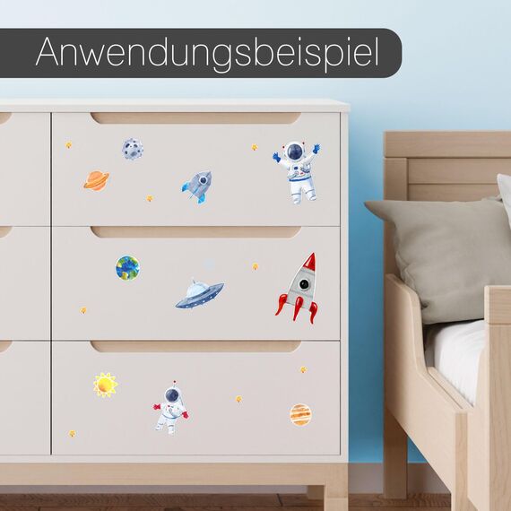Aufkleber Set mit 31 Weltall Aufkleber I DIN A4 Bogen I Sonne Mond und Sterne I mit Rakete - Astronauten und Planeten I für Handy Kinder-Geburtstag Kinder-Zimmer Schultüte Scrapbooking I kfz667