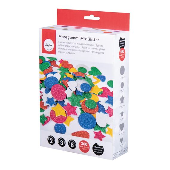 Rayher Moosgummi Mix Glitter selbstklebend, bunt, 2+3cm Ø, Box 360 Stück, 3 Formen, 6 Farben, Glitter Schaumstoff Sticker, Moosgummi-Aufkleber, zum Dekorieren 30237999