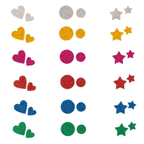 Rayher Moosgummi Mix Glitter selbstklebend, bunt, 2+3cm Ø, Box 360 Stück, 3 Formen, 6 Farben, Glitter Schaumstoff Sticker, Moosgummi-Aufkleber, zum Dekorieren 30237999