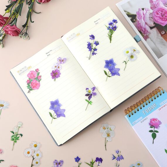 120 Transparente Scrapbooking Aufkleber, PET Blumen Aufkleber Pflanzen Sticker, Flower Stickers, Blumenaufkleber für Scrapbook Fotoalbum Sammelalbum Laptops Handwerk(Helle)