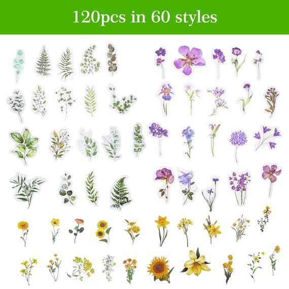 120 Transparente Scrapbooking Aufkleber, PET Blumen Aufkleber Pflanzen Sticker, Flower Stickers, Blumenaufkleber für Scrapbook Fotoalbum Sammelalbum Laptops Handwerk(Natürlich)