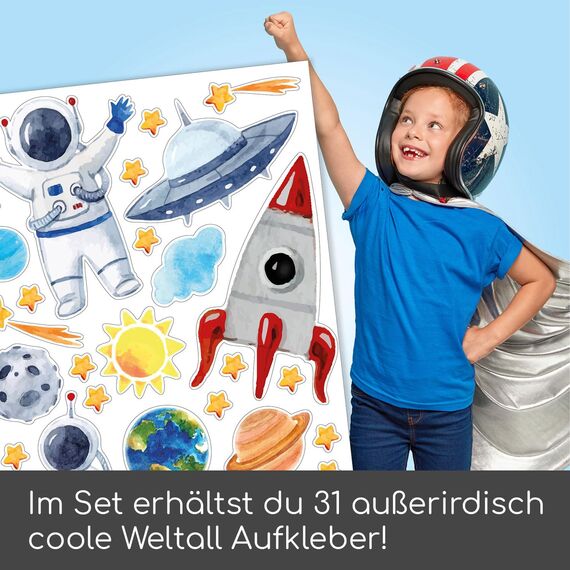 Aufkleber Set mit 31 Weltall Aufkleber I DIN A4 Bogen I Sonne Mond und Sterne I mit Rakete - Astronauten und Planeten I für Handy Kinder-Geburtstag Kinder-Zimmer Schultüte Scrapbooking I kfz667