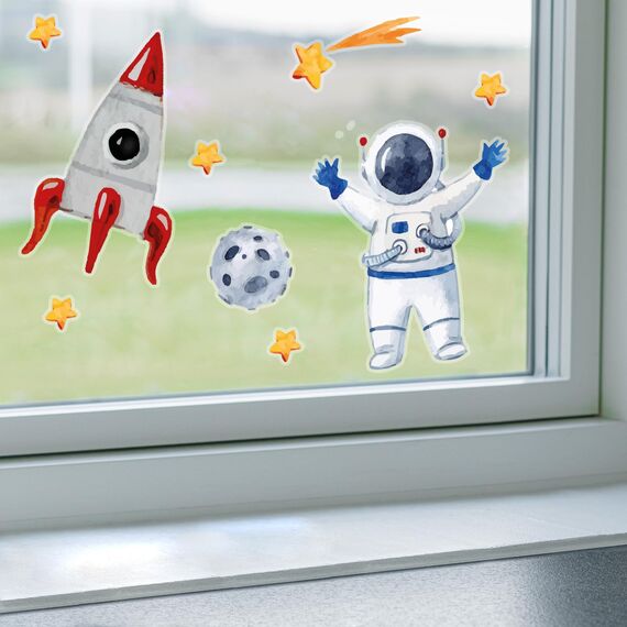 Fenster-Aufkleber Set auf klarer Folie I 3 DIN A4 Bögen mit insgesamt 46 Stickern I mit Raketen Sternen und Planeten I Doppelseitig und selbstklebend I Vogelschutz I dv968