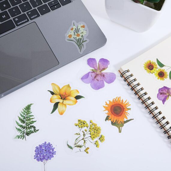 120 Transparente Scrapbooking Aufkleber, PET Blumen Aufkleber Pflanzen Sticker, Flower Stickers, Blumenaufkleber für Scrapbook Fotoalbum Sammelalbum Laptops Handwerk(Natürlich)