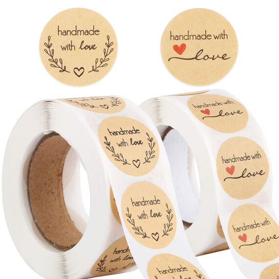 1000 STK (2.5cm pro Stück) Handmade with Love Aufkleber Sticker Kraft Selbstgemacht mit Liebe Aufkleber Etiketten Rund Selbstklebend Geschenkaufkleber Geschenksticker Weihnachten in 2 Rollen