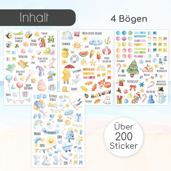 younikat Aufkleber-Set I Jahreszeiten über 200 Sticker I Aquarell blau I dv1421