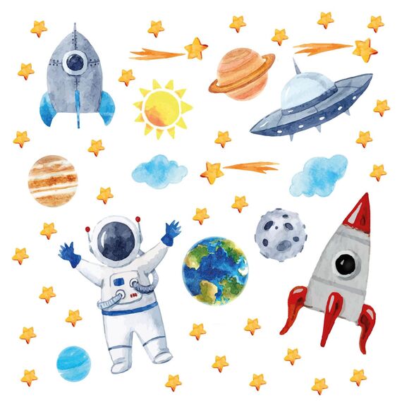 Fenster-Aufkleber Set auf klarer Folie I 3 DIN A4 Bögen mit insgesamt 46 Stickern I mit Raketen Sternen und Planeten I Doppelseitig und selbstklebend I Vogelschutz I dv968