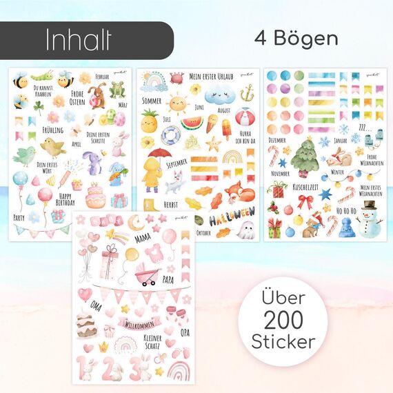 younikat Aufkleber-Set I Kinder I über 200 Sticker I Aquarell rosa I dv1420