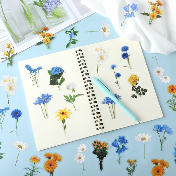 120 Transparente Scrapbooking Aufkleber, PET Blumen Aufkleber Pflanzen Sticker, Flower Stickers, Blumenaufkleber für Scrapbook Fotoalbum Sammelalbum Laptops Handwerk(Dunkel)
