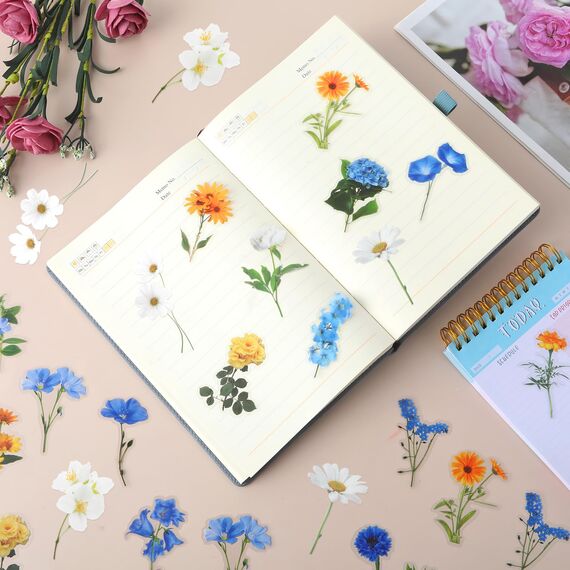 120 Transparente Scrapbooking Aufkleber, PET Blumen Aufkleber Pflanzen Sticker, Flower Stickers, Blumenaufkleber für Scrapbook Fotoalbum Sammelalbum Laptops Handwerk(Dunkel)