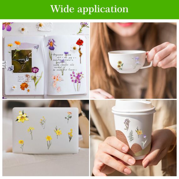 120 Transparente Scrapbooking Aufkleber, PET Blumen Aufkleber Pflanzen Sticker, Flower Stickers, Blumenaufkleber für Scrapbook Fotoalbum Sammelalbum Laptops Handwerk(Natürlich)