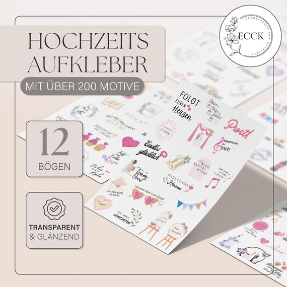 ECCK Sticker Hochzeit Gästebuch (12 DIN A5 Bögen), Hochzeitssticker Set mit Aufkleber Hochzeit für Gästebuch, Tischkarten, Scrapbook & Fotoalbum mit Liebe, Vintage & Herz-Motiven auf Deutsch