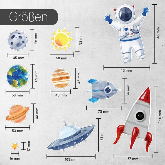 Aufkleber Set mit 31 Weltall Aufkleber I DIN A4 Bogen I Sonne Mond und Sterne I mit Rakete - Astronauten und Planeten I für Handy Kinder-Geburtstag Kinder-Zimmer Schultüte Scrapbooking I kfz667