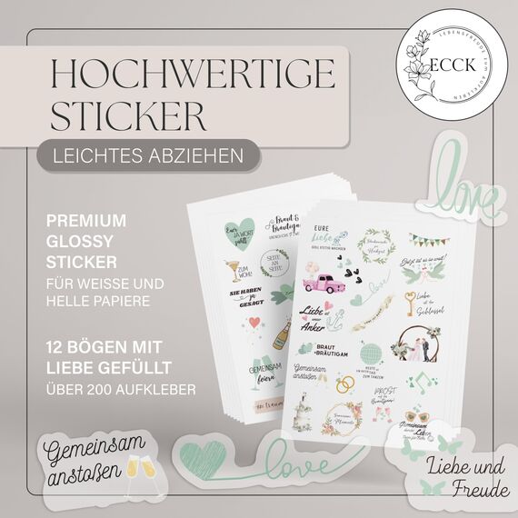 ECCK Sticker Hochzeit Gästebuch (12 DIN A5 Bögen), Hochzeitssticker Set mit Aufkleber Hochzeit für Gästebuch, Tischkarten, Scrapbook & Fotoalbum mit Liebe, Vintage & Herz-Motiven auf Deutsch