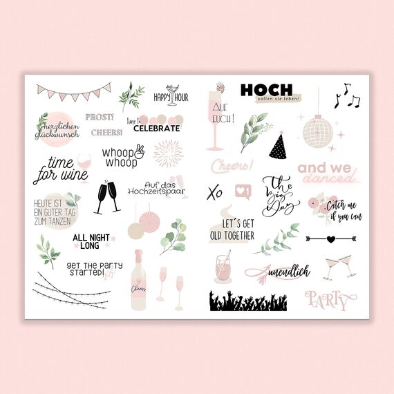 Sticker Hochzeit Gästebuch (164 Motive) - Vintage Hochzeit Aufkleber für Gästebuch oder Fotoalbum mit viel Liebe - Love Stickers für Scrapbook oder Bullet Journal - Wedding Deko mit Herz - Rosa
