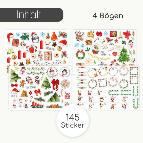 younikat Aufkleber Set Weihnachten Advent 145 Stück - Sticker Scrapbook Fotoalbum Kalender Deutsch I you0171