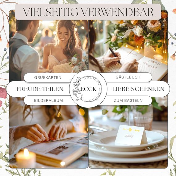 ECCK Sticker Hochzeit Gästebuch (12 DIN A5 Bögen), Hochzeitssticker Set mit Aufkleber Hochzeit für Gästebuch, Tischkarten, Scrapbook & Fotoalbum mit Liebe, Vintage & Herz-Motiven auf Deutsch