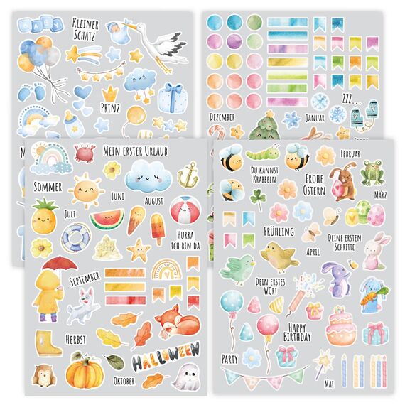 younikat Aufkleber-Set I Jahreszeiten über 200 Sticker I Aquarell blau I dv1421