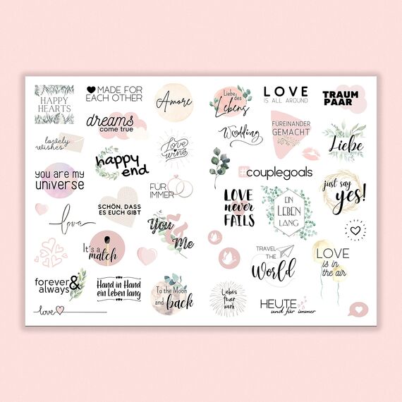 Sticker Hochzeit Gästebuch (164 Motive) - Vintage Hochzeit Aufkleber für Gästebuch oder Fotoalbum mit viel Liebe - Love Stickers für Scrapbook oder Bullet Journal - Wedding Deko mit Herz - Rosa