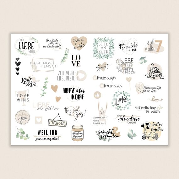 Sticker Hochzeit Gästebuch (164 Motive) - Vintage Hochzeit Aufkleber für Gästebuch oder Fotoalbum mit viel Liebe - Love Stickers für Scrapbook oder Bullet Journal - Wedding Deko mit Herz - Creme