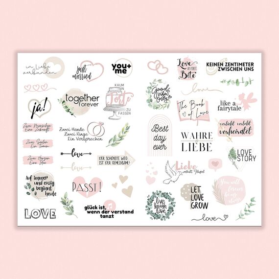 Sticker Hochzeit Gästebuch (164 Motive) - Vintage Hochzeit Aufkleber für Gästebuch oder Fotoalbum mit viel Liebe - Love Stickers für Scrapbook oder Bullet Journal - Wedding Deko mit Herz - Rosa