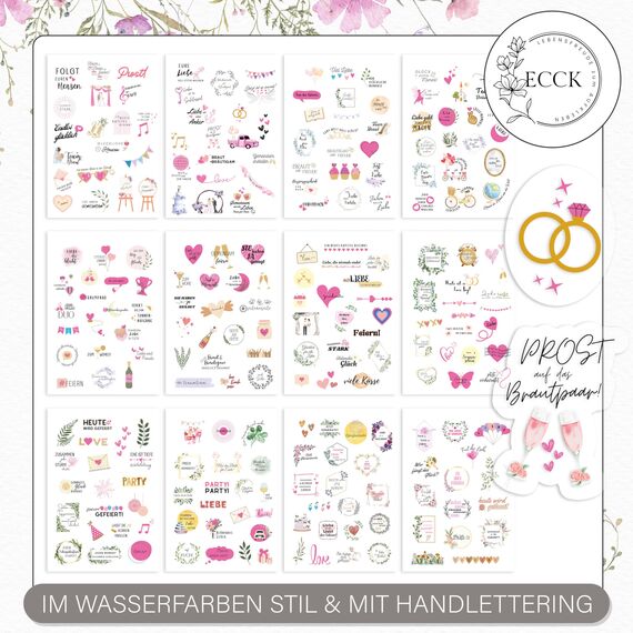 ECCK Sticker Hochzeit Gästebuch (12 DIN A5 Bögen), Hochzeitssticker Set mit Aufkleber Hochzeit für Gästebuch, Tischkarten, Scrapbook & Fotoalbum mit Liebe, Vintage & Herz-Motiven auf Deutsch