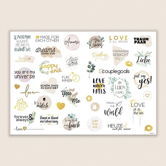 Sticker Hochzeit Gästebuch (164 Motive) - Vintage Hochzeit Aufkleber für Gästebuch oder Fotoalbum mit viel Liebe - Love Stickers für Scrapbook oder Bullet Journal - Wedding Deko mit Herz - Glitzer