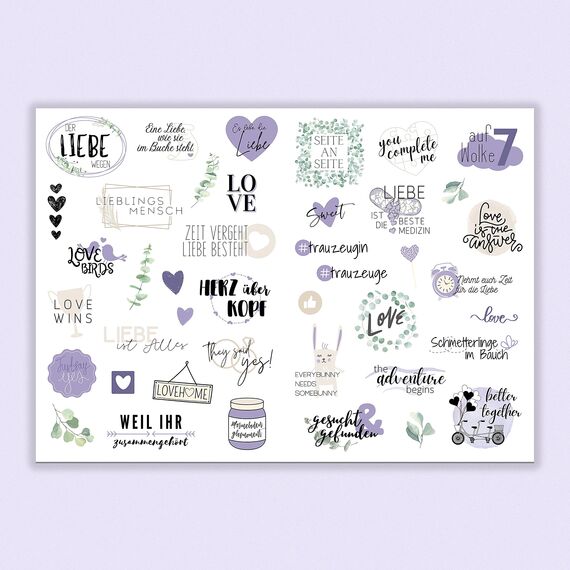 Sticker Hochzeit Gästebuch (164 Motive) - Vintage Hochzeit Aufkleber für Gästebuch oder Fotoalbum mit viel Liebe - Love Stickers für Scrapbook oder Bullet Journal - Wedding Deko mit Herz - Lavendel