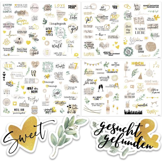 Sticker Hochzeit Gästebuch (164 Motive) - Vintage Hochzeit Aufkleber für Gästebuch oder Fotoalbum mit viel Liebe - Love Stickers für Scrapbook oder Bullet Journal - Wedding Deko mit Herz - Glitzer