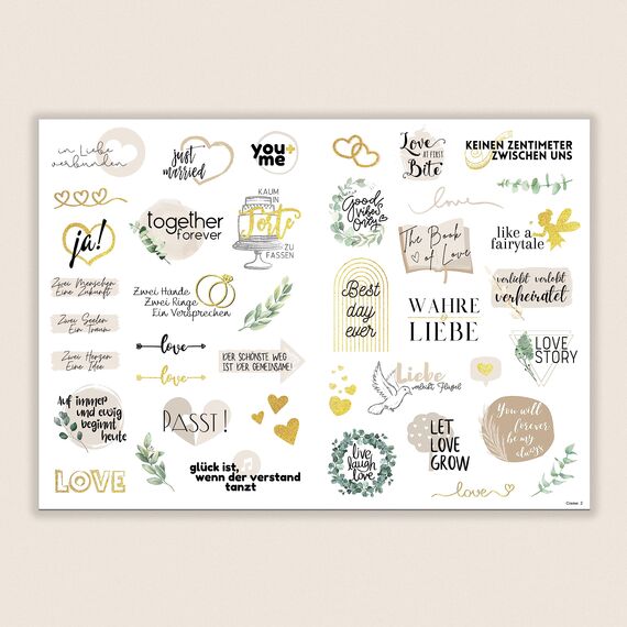 Sticker Hochzeit Gästebuch (164 Motive) - Vintage Hochzeit Aufkleber für Gästebuch oder Fotoalbum mit viel Liebe - Love Stickers für Scrapbook oder Bullet Journal - Wedding Deko mit Herz - Glitzer