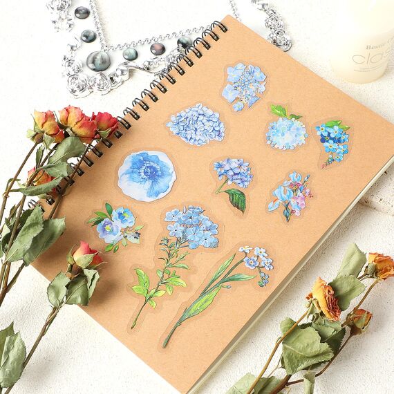 100 Blumen Scrapbooking Aufkleber,PET Transparente Pflanzen Aufkleber,Vintage Bunte Blumenaufkleber,Flower Stickers für Scrapbook Fotoalbum Tagebücher Laptops Karten (Blau)