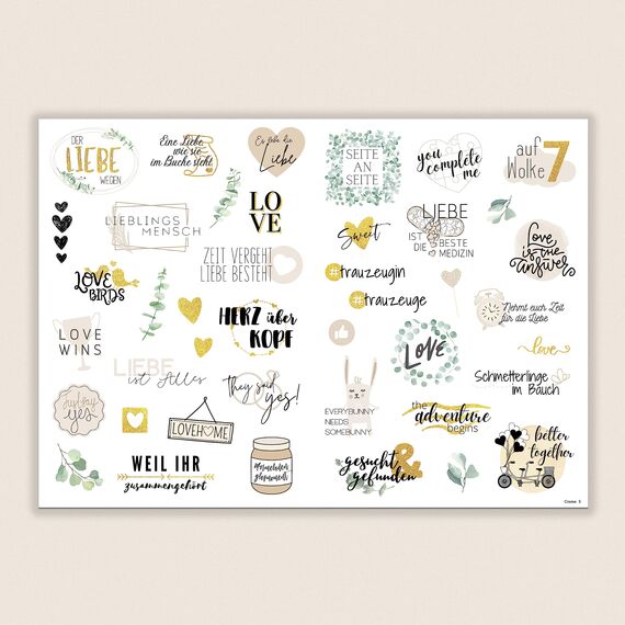 Sticker Hochzeit Gästebuch (164 Motive) - Vintage Hochzeit Aufkleber für Gästebuch oder Fotoalbum mit viel Liebe - Love Stickers für Scrapbook oder Bullet Journal - Wedding Deko mit Herz - Glitzer