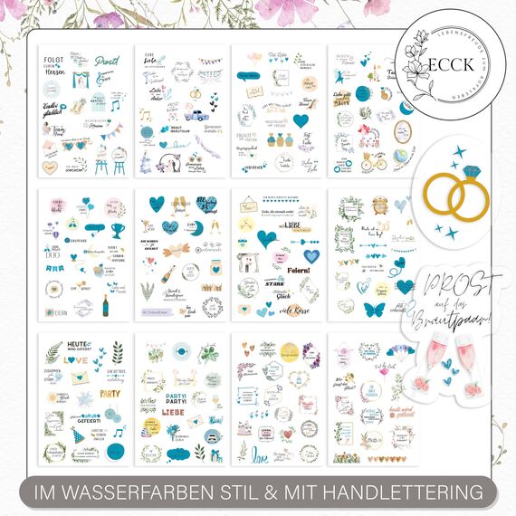 ECCK Sticker Hochzeit Gästebuch (12 DIN A5 Bögen), Hochzeitssticker Set mit Aufkleber Hochzeit für Gästebuch, Tischkarten, Scrapbook & Fotoalbum mit Liebe, Vintage & Herz-Motiven auf Deutsch