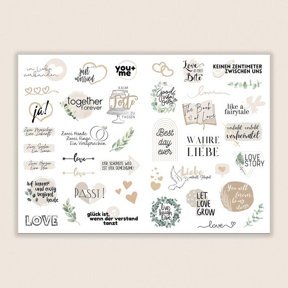 Sticker Hochzeit Gästebuch (164 Motive) - Vintage Hochzeit Aufkleber für Gästebuch oder Fotoalbum mit viel Liebe - Love Stickers für Scrapbook oder Bullet Journal - Wedding Deko mit Herz - Creme